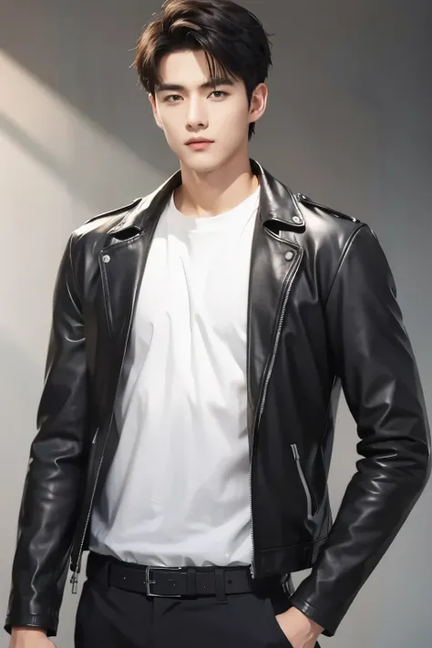 at office,wearing black leather jacket,two block haircut, Attractive man,Live-action photo,Handsome and sunny,(SLR effect,Reality,8K,Hyper-detailing,Absolute realism)