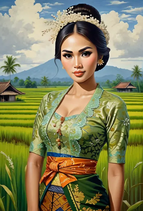 beautiful busty javanese peasant woman donning a brocade kebaya dress and batik long skirt, simple bun hairdo with small beautiful flowers in her hair, insanely detailed and intricate rice field background, oil on canvas painting, realistic style, heavily ...