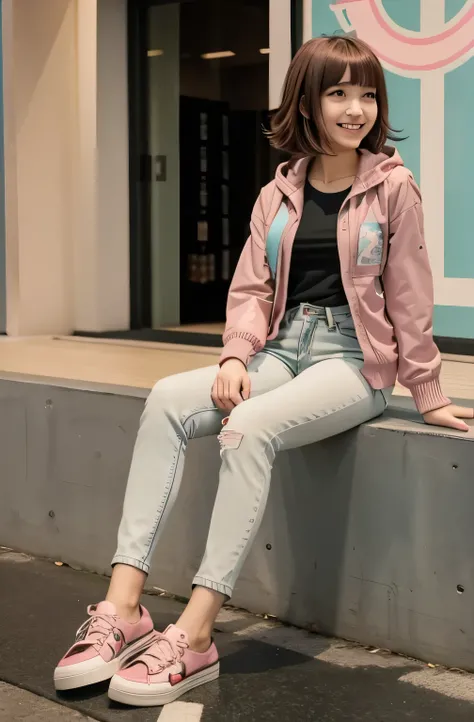 Chiaki Nanami in casual clothes at the shopping mall, Pink Short Hair, Pink Eyes, fringe, Teal hooded jacket, smile、Looking into the camera, 20-year-old girl, , Olive green blouse, Skinny jeans、sneakers、,chiaki nanami, Nanami Chiaki