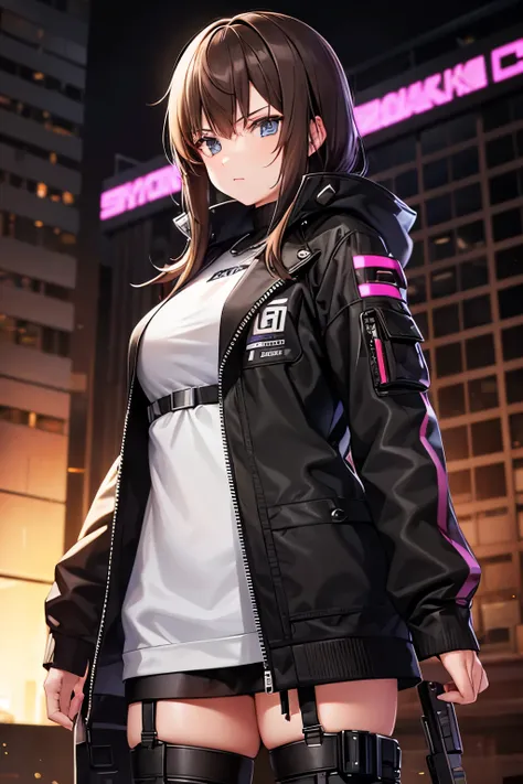 tech wear, girl, brown hair, black eyes armory, cyberpunk background