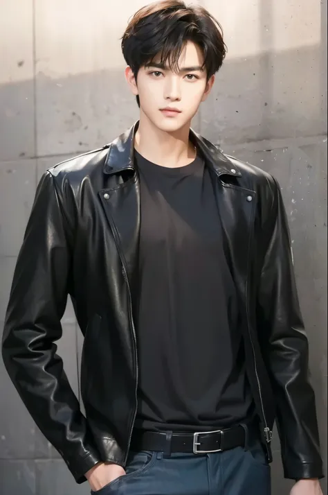 at office,wearing black leather jacket,two block haircut, Attractive man,Live-action photo,Handsome and sunny,(SLR effect,Reality,8K,Hyper-detailing,Absolute realism)