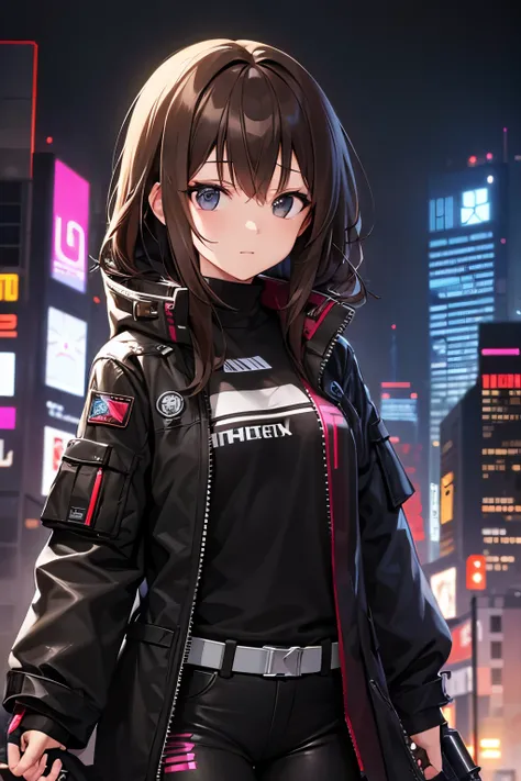 tech wear, girl, brown hair, black eyes armory, cyberpunk background