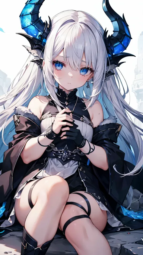 ,girl,Highest quality,,Silver Hair,,blue eyes,,White skin,Sleepiness,Long Hair,,Half an eye,rock,Restraints,small胸,,Dragon Horn,,Tattoo,small,Dragon&#39;s Wing,,