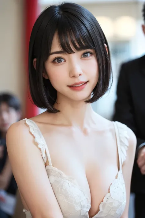 (Tabletop, Highest quality、Very attractive adult beauty、Add strong highlights to the eyes、Please look closely at the camera:1.4、A beautiful woman with adult charm、Ideal body proportions、Perfect Anatomy、Short brunette bob hair、Shiny Hair、Lip gloss),One Girl...