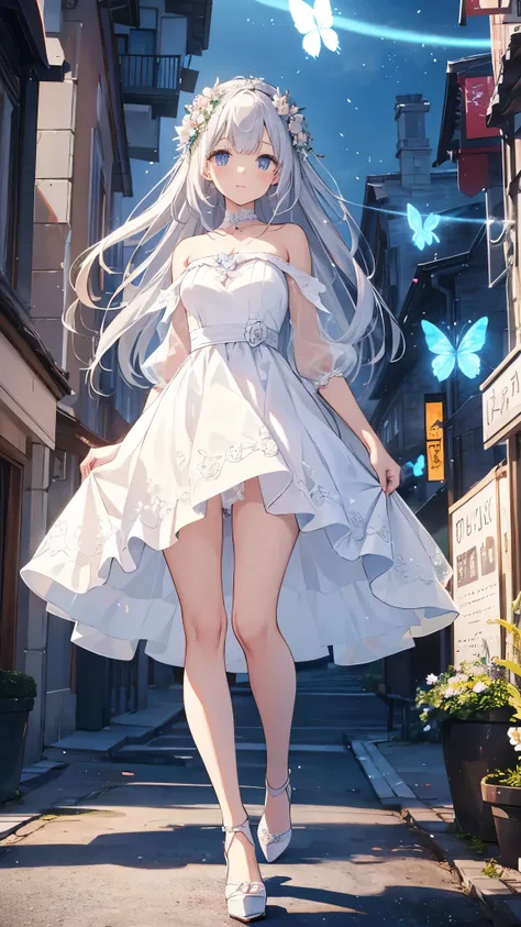 A woman in a white dress and high heels walking down the sidewalk 8k wallpaper，Detailed Background，Highest Resolution，Silver Hair，Bandeau wedding dress，White Wedding Dress，White high heels，Castle Background，Princess，butterfly，Moonlight，Good move、Beautifull...