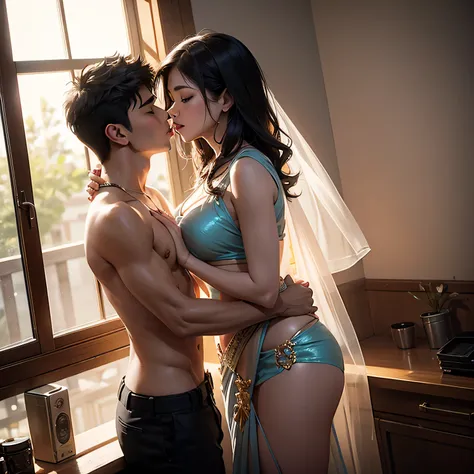 Young boy shirtless kissing a sexy woman wearing a saree near a windowsill, natural light beaming through window, passionate love-making, making out, intensely intimate