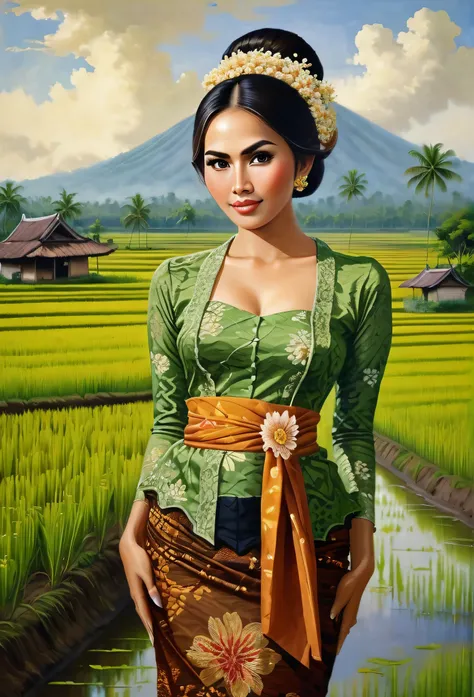 beautiful busty javanese peasant woman donning a brocade kebaya dress and batik long skirt, simple bun hairdo with small beautiful flowers in her hair, insanely detailed and intricate rice field background, oil on canvas painting, realistic style, heavily ...
