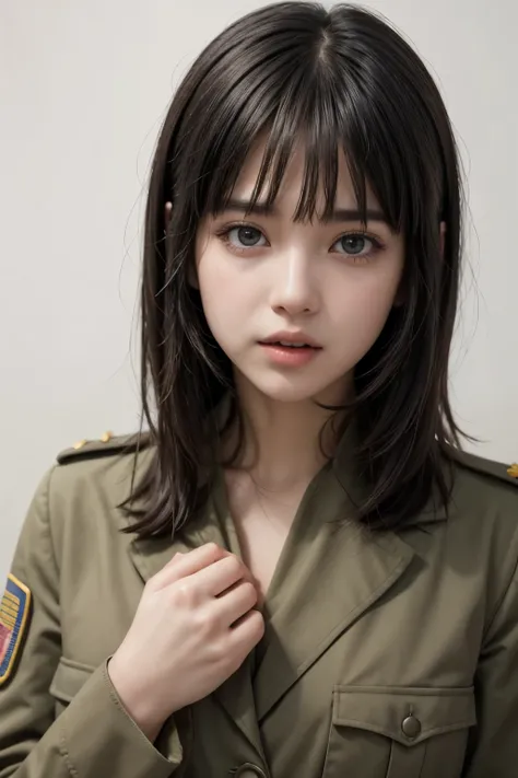 One girl, solo, Call here, Simple Background, Open your mouth, realism, chest, Shortcuts, Black Hair, Bangs between the eyes, Bangs, Army uniform，Hands are at mouth