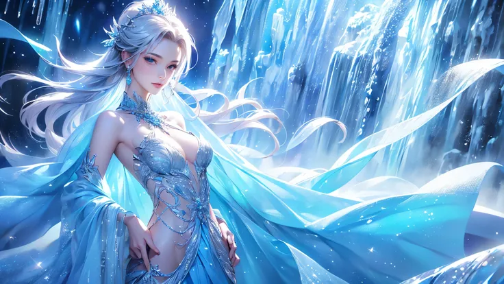 (2/3 body photo:1.5)wood, Exquisite mini ice spikes and crystals, Frozen waterfall in the background, Light reflected by ice crystals, Flowing snowflakes.1 girl, Beautiful woman、pretty girl,A realistic person,Beautiful cleavage,((small breasts)),Thin legs、...