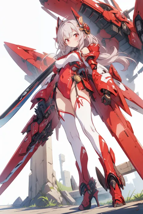 sfw, nsfw:0.6, 16k, highres, best quality, simple back ground, white background, full body shot, from below, solo focus,, 
, official art,character reference:1.4,  mecha musume with gigantic katana blade:1.3,  epic ecchi:1.4, exoskeleton:1.7, miko style co...