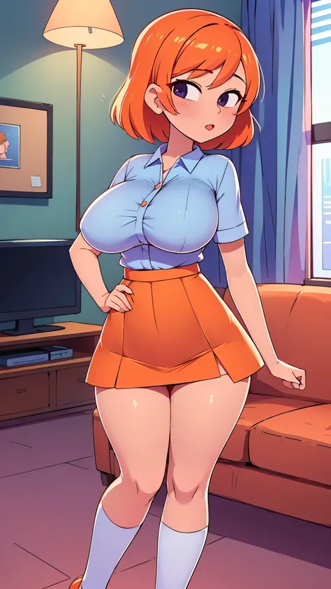  a teenage girl sexy attractive beautiful cool popular short orange hair disheveled cut light red lip wears long light blue button shirt sensual curves and a short purple miniskirt pair short blue socks legs white heel she walking living room class, huge b...