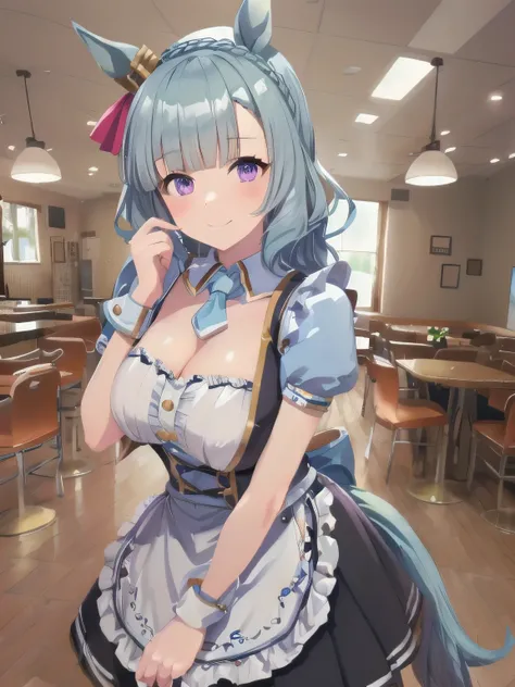 ((Highest quality, masterpiece, High resolution)), One girl, White-eye Aldan(umamusume), Maid, cafeteria, smile, Are standing, White apron, Large Breasts, Cleavage, Horse tail, Perfect hands, ((黒色Maid服, Black Skirt)), Short sleeve, (Light blue hair)