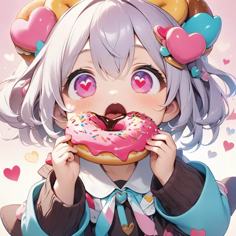 ultra-small deformation, cute, eating a donut, looks so delicious, open your mouth wide, ((heart eyes)), i love donuts❤, arw