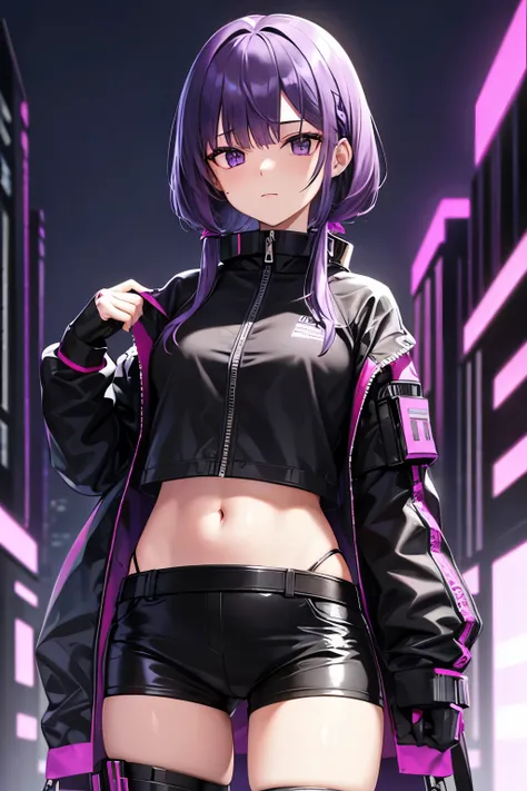 tech wear, girl, purple hair, black eyes armory, cyberpunk background