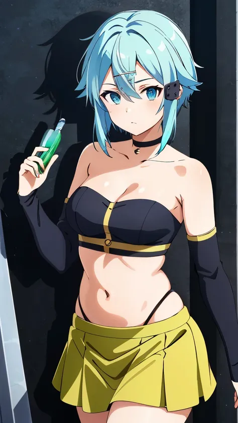 (Top Quality, Masterpiece, 8k:1.2), Ultra Detailed, High Resolution, (Anime:1.2), 1 Girl, Solo, EPsoaSinon, Short Hair, Light Blue Hair, Detailed Jewel Eyes, Hair Between Eyes, (Hair Accessory:1.2), Hair Clip, Side Locks, (tube top, cleavage, underbust, pu...