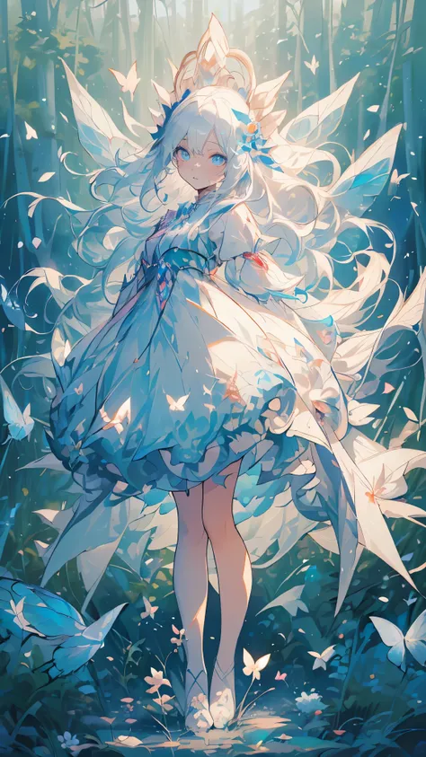 (Mastepiece), (Best Quality), Very detailed, 1 girl, (Solo full body shot:1.4), Perfect Face, beautiful girl, Very detailedな顔,(Long white hair:1.5),(blue eyes:1.4),(Lots of butterflies々:1.2)、(forest、Flower Field:1.4)、(Lots of petals:1.3)、(gem:1.3)、(smile:1...