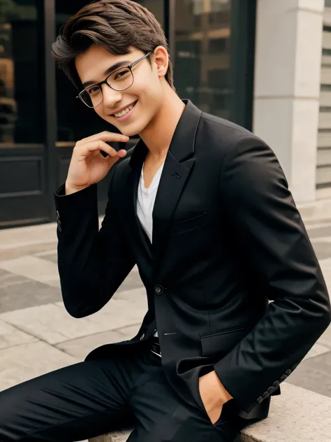 A teenage boy in a black blazer with glasses smiling joyfully 