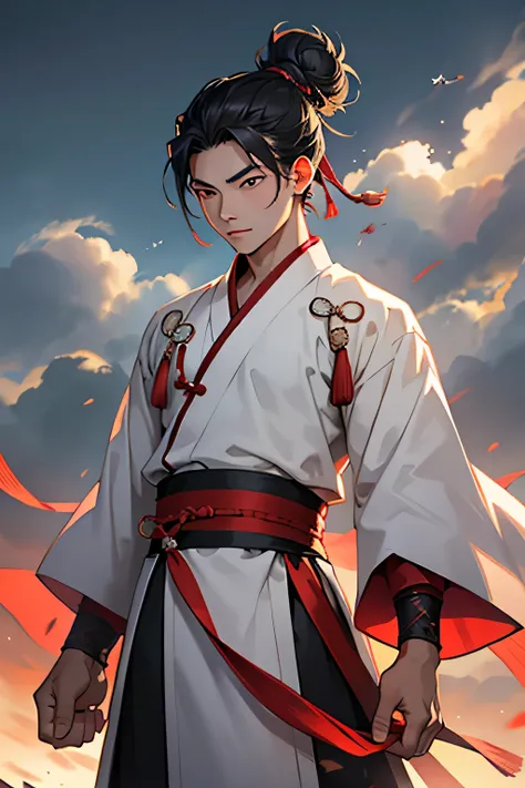 Half body of a chinese boy, 14 years old, good looking, hair is tied in a bun, wearing hanfu, cold, brave, proud, background is gray cloudy sky