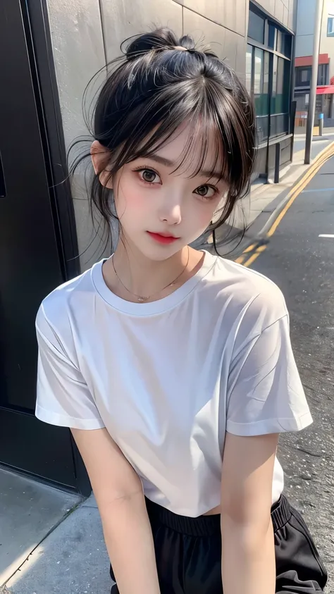 (8K, RAW photograph, highest quality, masterpiece:1.3),(genuine,photograph:1.37),(black hair),Pause,1 girl,very beautiful face,cute,(small),(lower your hands))),Poggy Hairstyle,random expression,(white t-shirt),JK_style,(track shorts) ,black hair,(19 years...