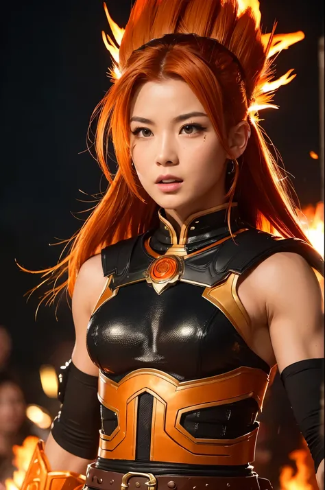 8k,A super muscular American female fire goddess, With the energy of a 20-year-old.,Super Beauty(Like the real thing),Staring angrily at the audience.,Orange Mohawk Hair,Sexy orange and black large chest armor(Fire God&#39;s Emblem),Orange Flame Gauntlets(...