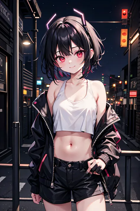 (masterpiece), cyber punk, city, night, Neon Light, city lights, One Girl, Black Hair,White tank top with red pattern, short hair,Red Eye,hair ornaments,Around 16 years old,smile,He has taken off his jacket to expose his shoulders..,Belly button