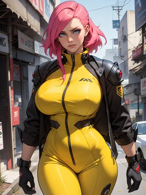 Fake body and , Mature woman in metal rising revengeance body details, foto de busto, big pink hair, shining blue eyes, wearing a mustard yellow jumpsuit, breasts big, looking 35 years old, eye on the spectator, Look to the camera, , the background is a cy...