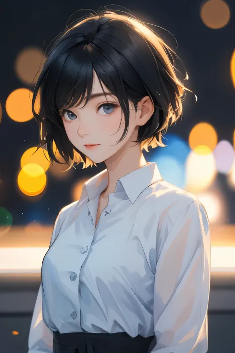 one girl, 18-year-old, short hair, black hair,  detailed face, watch viewer, realistic, written boundary depth, bokeh, 8k, maste...