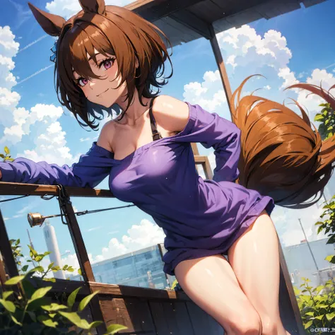 Agnes Tachyon, uma-musume, smile for viewer, skinny, arched back, BREAK, short hair, large breasts, narrow waist, short torso, (long skinny legs:1.2), tail, BREAK, (bottomless), thigh gap, purple shirts, collarbone, bared narrow shoulders, BREAK, blue sky,...