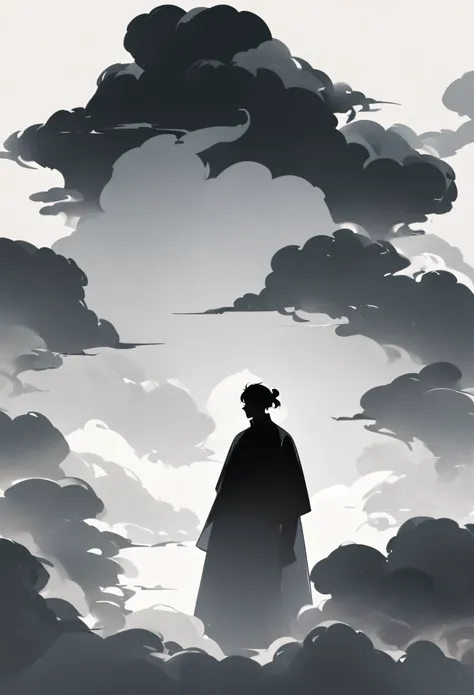 A man in black standing in the smoke，Blending into the smoke，Man silhouette，Chinese style，Black and White，Minimalist style