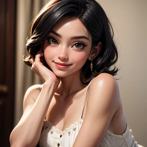 8k, RAW photo, Fujifilm, style photo of a beautiful young woman as rose in kneeling pose (highly detailed skin: 1.2) Style-Petal BREAK short hair, black hair with colored locks, wearing a sheer sundress, film granulation, 35mm, cute style,smiling 