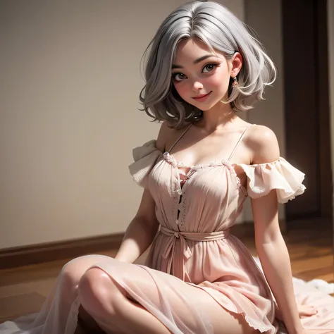 8k, RAW photo, Fujifilm, style photo of a beautiful young woman as rose in kneeling pose (highly detailed skin: 1.2) Style-Petal BREAK short hair, grey hair with colored locks, wearing a sheer sundress, film granulation, 35mm, cute style,smiling 