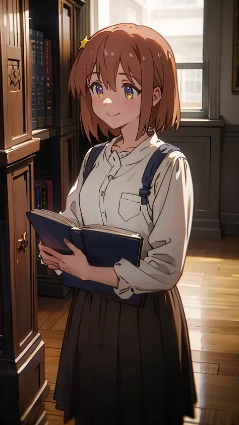 one girl, in a library, holding a book, smile