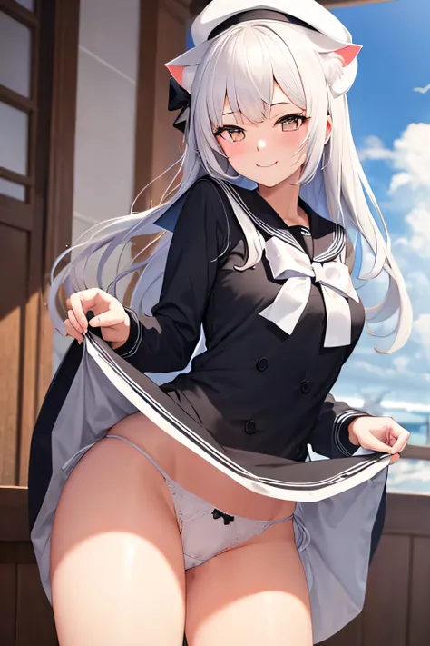 ((best quality)), ((masterpiece)), (detailed), 1girl, cat girl, look at viewer, light blush, smile, wears black sailor uniform with dress, white hair, white tail, wears sailor hat, on the ship, lift up the dress, show white panties, white bow, black leg we...