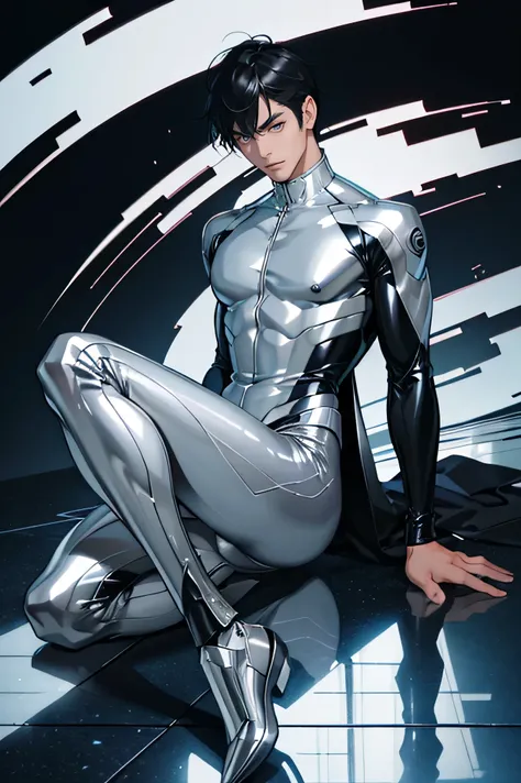 Japanese male handsome model　Black Hair　　Short cut　　G-I-A-CUT　looking at the camera　Shiny full-body silver suit　　　Shiny silver latex suit　　Fierce face　Handsome　　future　Metal Body　　 grim stare　　gaze　Sad expression　Moist eyes　　
