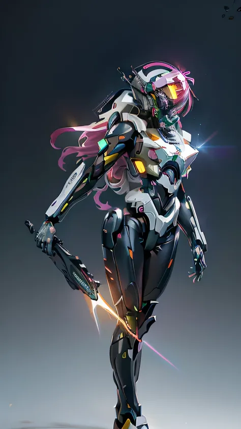 ((8k, Highest Quality, Masterpiece: 1.3)), Eva Unit-05, Pitch black darkness, Staring into camera, facing forward, Full body view, Holding a glowing futuristic blade, ((Shiny Body)), Units main color is pastel pink, secondary color is fluorescent yellow, R...