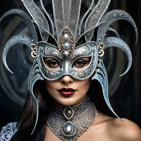 portrait of a woman in a richly decorated masquerade mask. the mask has high detail and elegant style. the design creates an atm...