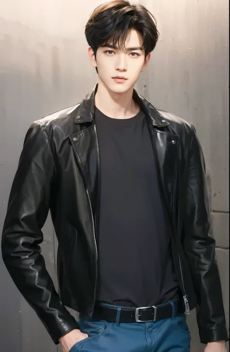 at office,wearing black leather jacket,two block haircut, Attractive man,Live-action photo,Handsome and sunny,(SLR effect,Reality,8K,Hyper-detailing,Absolute realism)