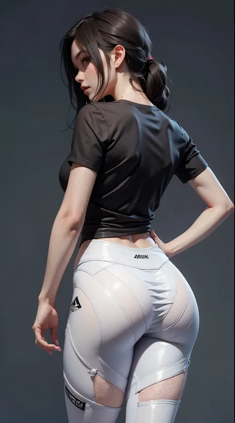 Mesh white silicone leggings, short in mesh t-shirt, without bra, big ass, back view