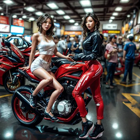 (extremelydetailed((song joo a))) clearly visible the shape of butt, radiant ivory skin with transparency, motor cycle event gir...