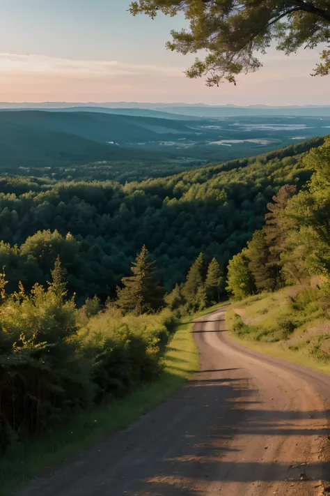 landscape view of a forested hills area from the top of a small hill. a gravel road in the center slopes down the hill towards an asphalt intersection. everywhere without roads is covered by trees of both pine and leaves. the horizon is partially blocked b...