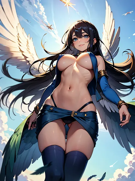 ((Seductive lady:1.3, solo:1.2))、((fusion of Harpy and lady))、((Winged On the back:1.4))、((feathers clothes:1.2))、((dynamic angle:1.5))、((Soaring in the sky:2))、((blue sky background:1.5))、((full body))、looking down at viewer、((underboob:1.3))、((Glossy rea...