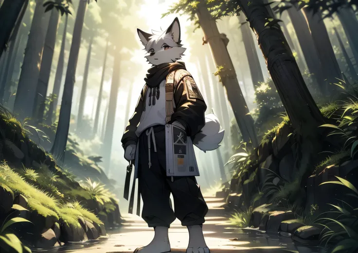 masterpiece,best quality,anthro,solo,looking at viewer,stand，furry wolf, Black and white hair, Handsome, Light：Extreme light and shadow, Reflective skin,Reddish skin，((worn-out clothing，Commoner)) ,((Deep in the forest，Stone path，Signs，solo，solo person))，O...