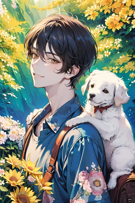 ((young mens:1.1)),(Oversized floral T-shirt:1.35),Prompt: An incredibly charming  carrying a backpack, accompanied by her adorable puppy, enjoying a lovely spring outing surrounded by beautiful yellow flowers and natural scenery. The illustration is in hi...