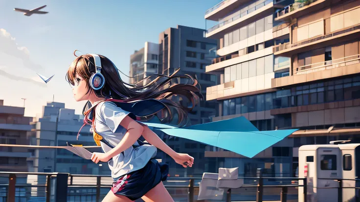 A girl using headphones running and playing paper airplane