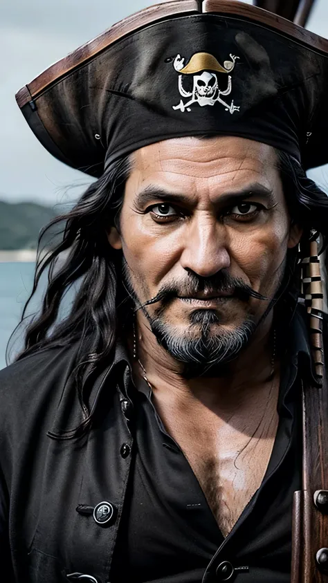 captain of a pirate ship, with long black hair, barba, older man with gloomy look, wearing an eye patch and drinking a bottle of rum
