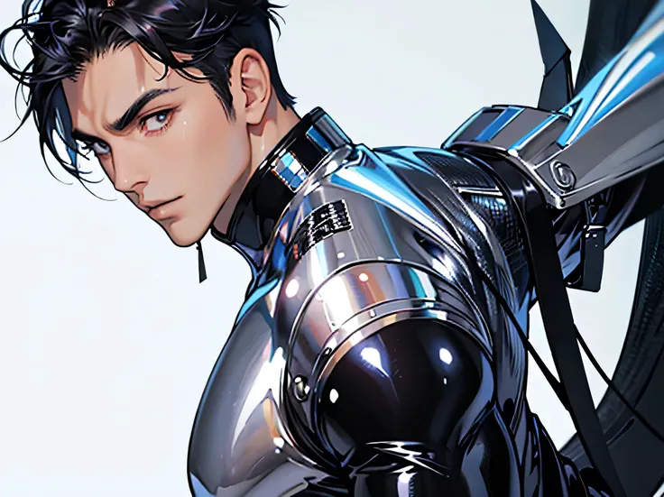 Face close-up　Handsome　　Japanese male handsome model　Black Hair　　Short cut　　G-I-A-CUT　looking at the camera　Shiny full-body silver suit　　　Shiny silver latex suit　　Fierce face　　Face close-up from collarbone　Handsome　　　　Short cut　　G-I-A-CUT