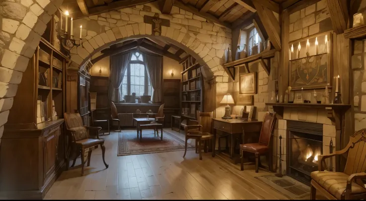 a pretty medieval catle room full of medieval castle objects, a heraldic fireplace, medieval book shelf, medieval chairs, a window in winter, fantasy castle, high resolution, a cup of tea, a medieval side cavalier, heraldic flags standart, a frame of caval...