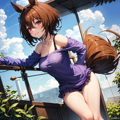 Agnes Tachyon, uma-musume, smile for viewer, skinny, arched back, BREAK, short hair, large breasts, narrow waist, short torso, (long skinny legs:1.2), tail, BREAK, (bottomless), thigh gap, purple shirts, collarbone, bared narrow shoulders, BREAK, blue sky,...