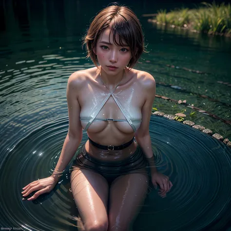 (((Misako Renbutsu)))Beautiful Young Female ,Short hair ,Lake, extremely delicate and beautiful,Outstanding light and shadow,Clear and bright sunlight, Professional portrait (Closeup face from below), Semi-nude photography, close up portrait of bathing in ...