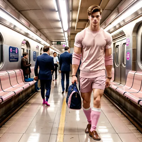 full view full body, preppy handsome muscular male Nicholas Galitzine with light-brown preppy ,undercut haircut, in pink socks in the subway, showing off his pink socks